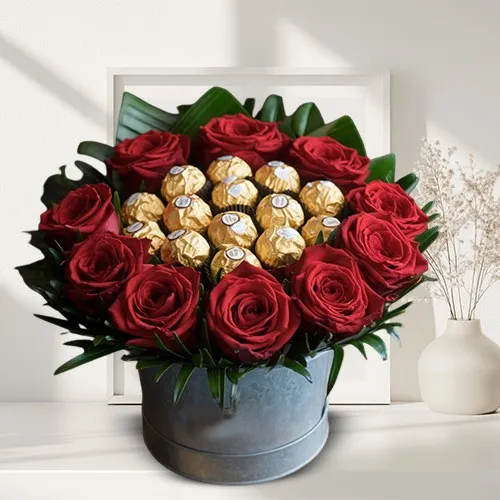 Mesmerising Flower bucket of Red Roses N Ferrero Rocher