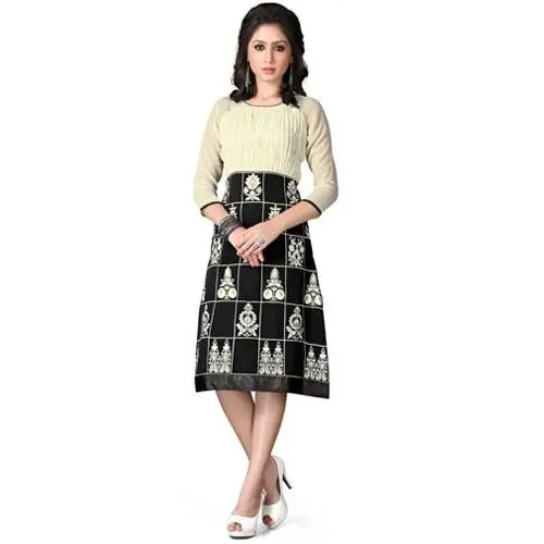 Astonishing Beige and Black Coloured Georgette Embroidered Kurti