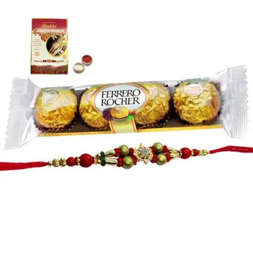 A 4 pcs Ferrero Rocher Chocolate Pack with Rakhi and Roli Tilak Chawal