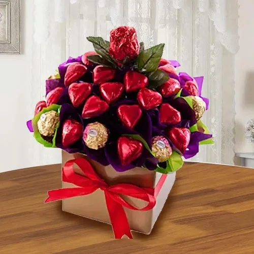 Amazing Arrangement of Heart Shaped Hand Made Chocolates with Ferrero Rocher