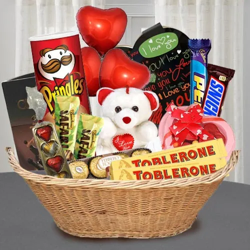 Enticing Chocolate Gift Basket with Teddy N Balloons