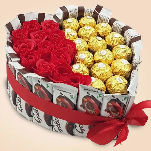 Ferrero Rocher n Galaxy Chocolates with Roses Heart Arrangement