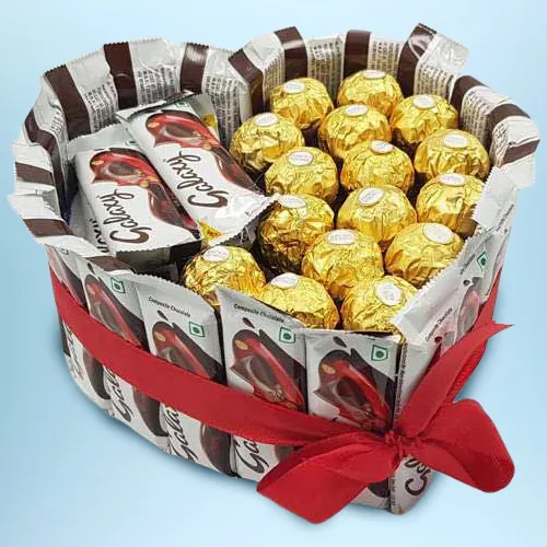 Magnificent Heart Shape Arrangement of Ferrero Rocher and Galaxy Chocolates