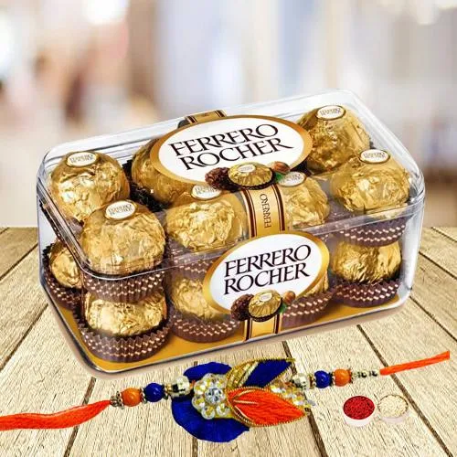 16 pcs Ferrero Rocher Chocolate Pack with Rakhi and Roli Tilak Chawal