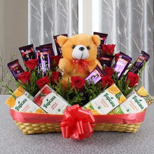 Marvellous Basket of Chocolates, Fruit Juice N Teddy