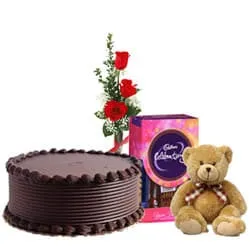 Deliver Chocolate Cake with Cadbury Pack, Teddy N Red Roses