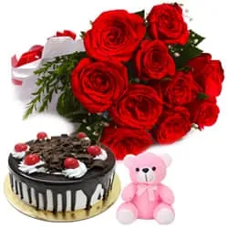 Buy Cake with Teddy N Roses Bunch
