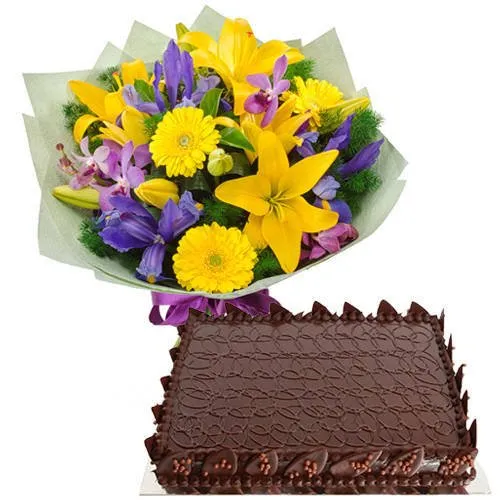 Buy assorted Flowers Bunch with Chocolate Cake