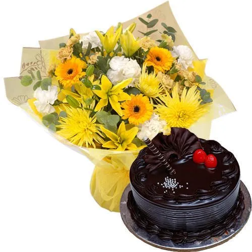 Send Truffle Cake with Assorted Flowers Bouquet