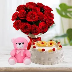 Order Pineapple Cake with Roses Bunch N Teddy