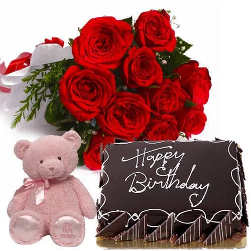 Send Roses Bouquet with Teddy N Eggless Choco Cake
