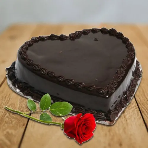Order Heart-Shaped Chocolate Cake with Single Rose