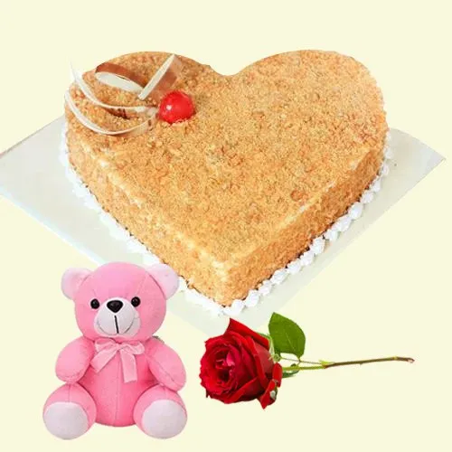 Deliver Heart-Shaped Butter Scotch Cake N Red Rose