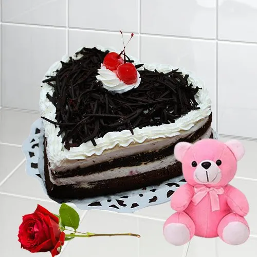 Send Heart-Shaped Black Forest Cake with Red Rose   Teddy