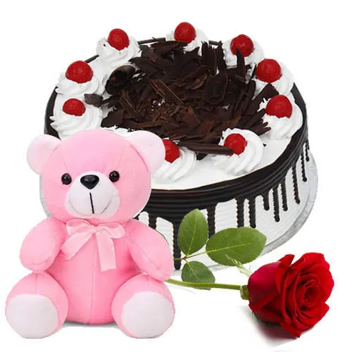 Order Online Eggless Black Forest Cake with Rose N Teddy