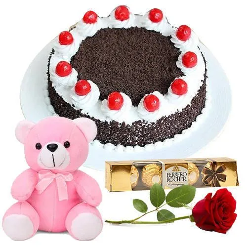Buy Eggless Black Forest Cake with Rose, Teddy N Ferrero Rocher