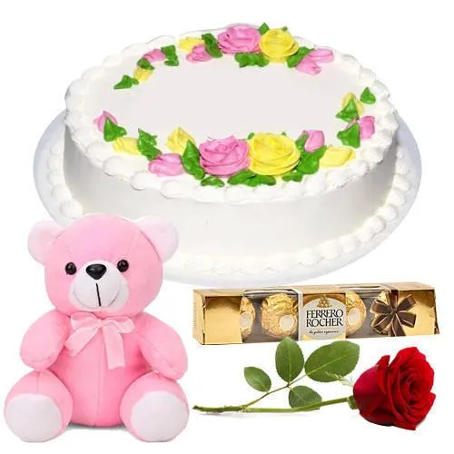 Order Eggless Vanilla Cake with Ferrero Rocher, Rose N Teddy