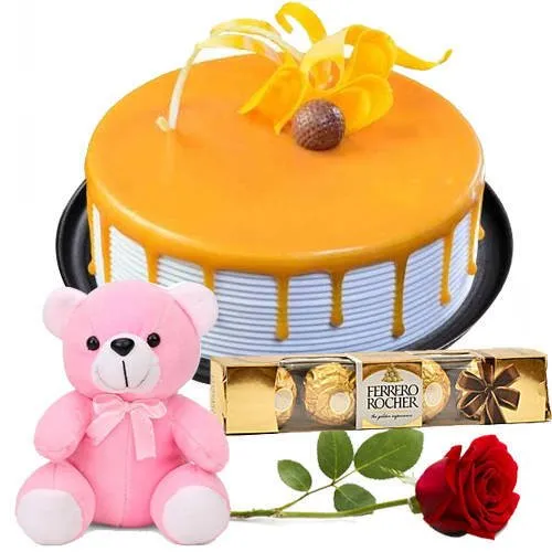 Order Eggless Butter Scotch Cake with Ferrero Rocher, Teddy N Rose