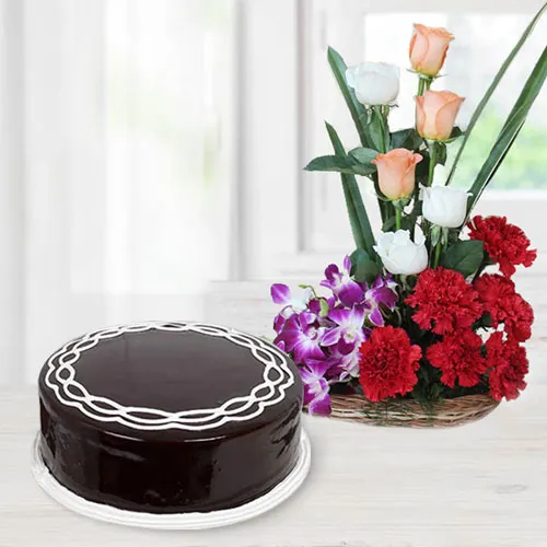 Delicious Chocolate Cake with Mixed Flowers Arrangement