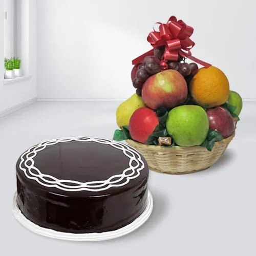 Sumptuous Chocolate Cake with Fruits Basket