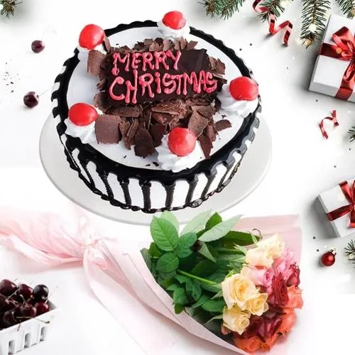Exquisite Black Forest Cake with Roses Bunch for X Mas