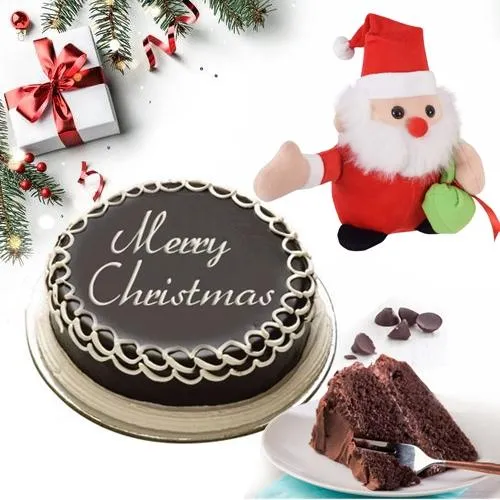 Chocolate-Draped XMas Cake with Santa Clause Soft Toy