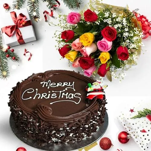 Fluffy X-mas Special Chocolate Cake with Roses Bouquet
