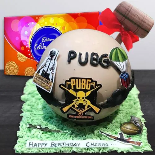 Amusing PUBG Styled Pi�ata Cake with Hammer n Cadbury Celebrations Pack