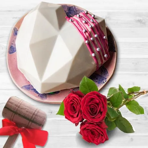 Scrumptious White Heart Smash Cake with Hammer n Red Roses
