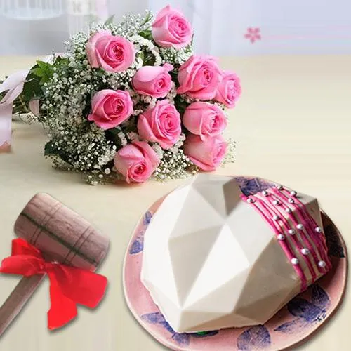 Mouth-Watering White Heart Smash Cake with Pink Rose Bouquet