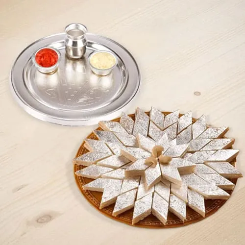 Silver Plated Thali with Haldiram Kaju Katli