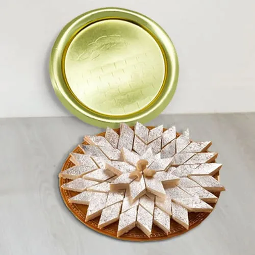 Lip-Smacking Kaju Katli from Haldiram with Golden Plated Thali