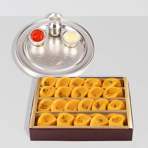 Silver Plated Thali with Kesaria Pedas from Haldiram