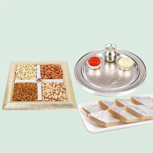 Special Silver Plated Puja Thali with Assorted Dry fruits with Haldiram Kaju Katli