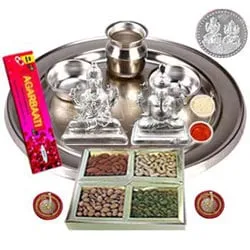 Deliver Silver Plated Laxmi Puja Hamper with Dry Fruits