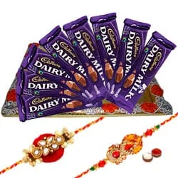 Zesty Selection of 8Pcs Cadbury Dairy Milk Chocolates with 2 Designer Rakhi and Roli Tilak Chawal