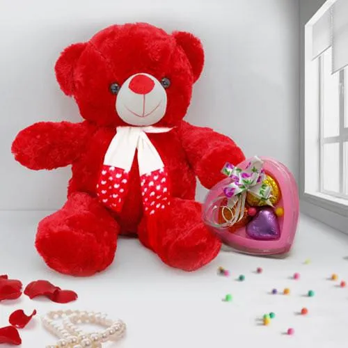 Valentines Day Adorable Red Teddy with heart Shape Handmade Chocolates