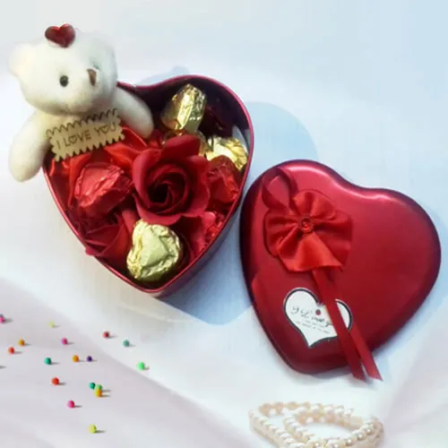 Classic V-Day Gift of Roses with Teddy and Assorted Handmade Chocolates