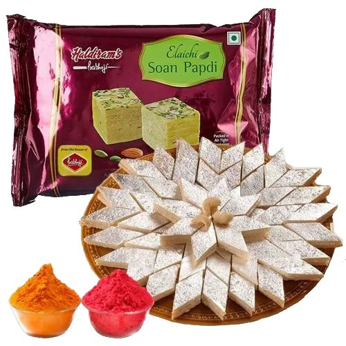 Zesty Haldiram Kaju Katli with Soan Papdi N Free Herbal Gulal for Holi