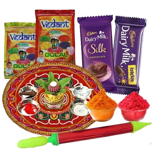 Assorted Holi Gift of Dairy Milk Chocolate with Puja Thali, Herbal Gulal N Pichkari