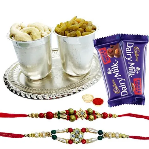 Delicious Dry Fruits Hamper in Silver Plated Glasses and Tray with Cadburys Dairy Milk Fruit n Nut