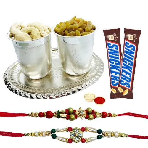 Delicious Dry Fruits Hamper in Silver Plated Glasses and Tray with Snickers