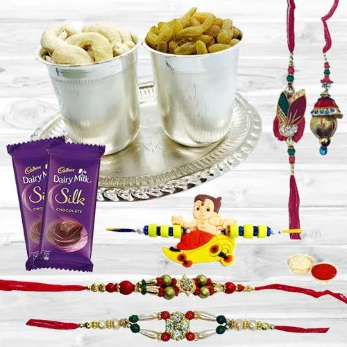 Delicious Dry Fruits Hamper in Silver Plated Glasses and Tray with Cadbury Dairy Milk Silk n Family Set Rakhi