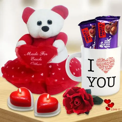 Valentines Day Combo of Teddy with Heart, Cadbury Chocolates, Heart Shape Candle n a Love Mug