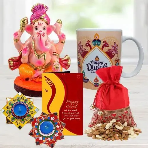Propitious Ganesh Laxmi Idol with Personalized Coffee Mug, Dry Fruits, Handmade Diya Set n Free Diwali Greetings Card
