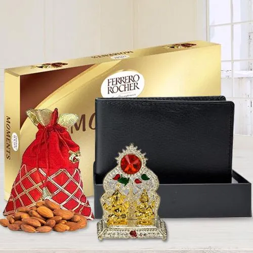 Auspicious Ganesh Laxmi Mandap with a Gents Leather Wallet, Ferrero Rocher Chocolate n Crunchy Almonds