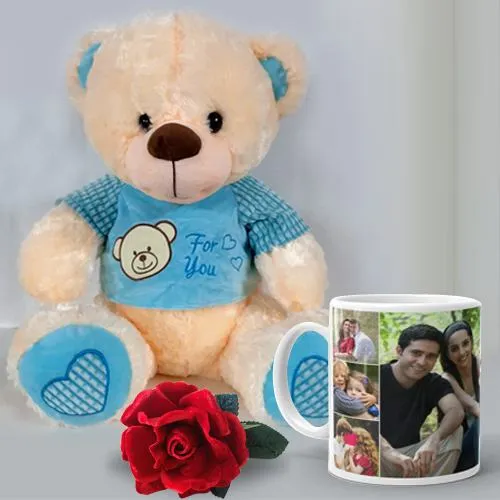Charismatic Gift of Teddy with Personalized Coffee Mug N Rose