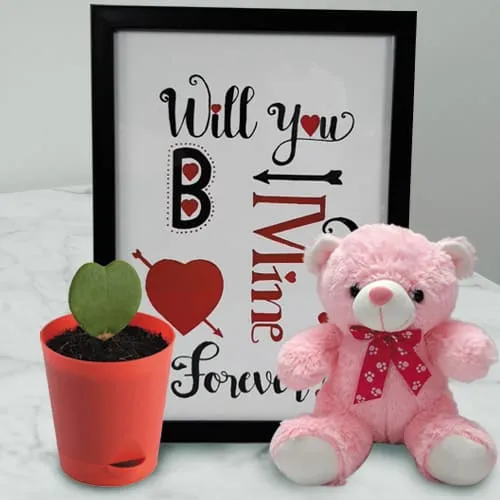 Alluring Photo Frame with Cute Teddy n Hoya Heart Plant