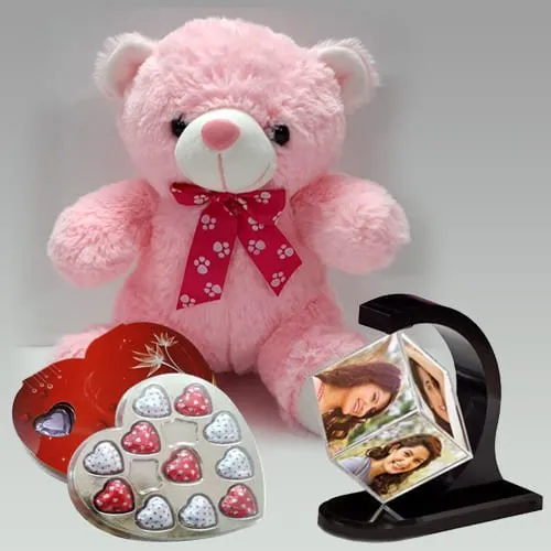 Remarkable Personalized Photo Revolving Stand with Love Teddy n Chocolate