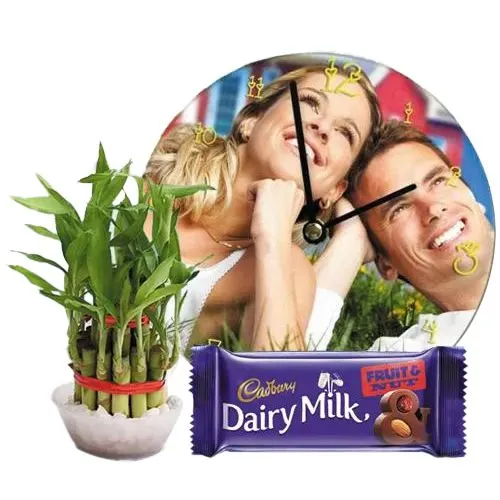 Wonderful Personalized Photo Wall Clock with Lucky Bamboo Plant n Chocolate